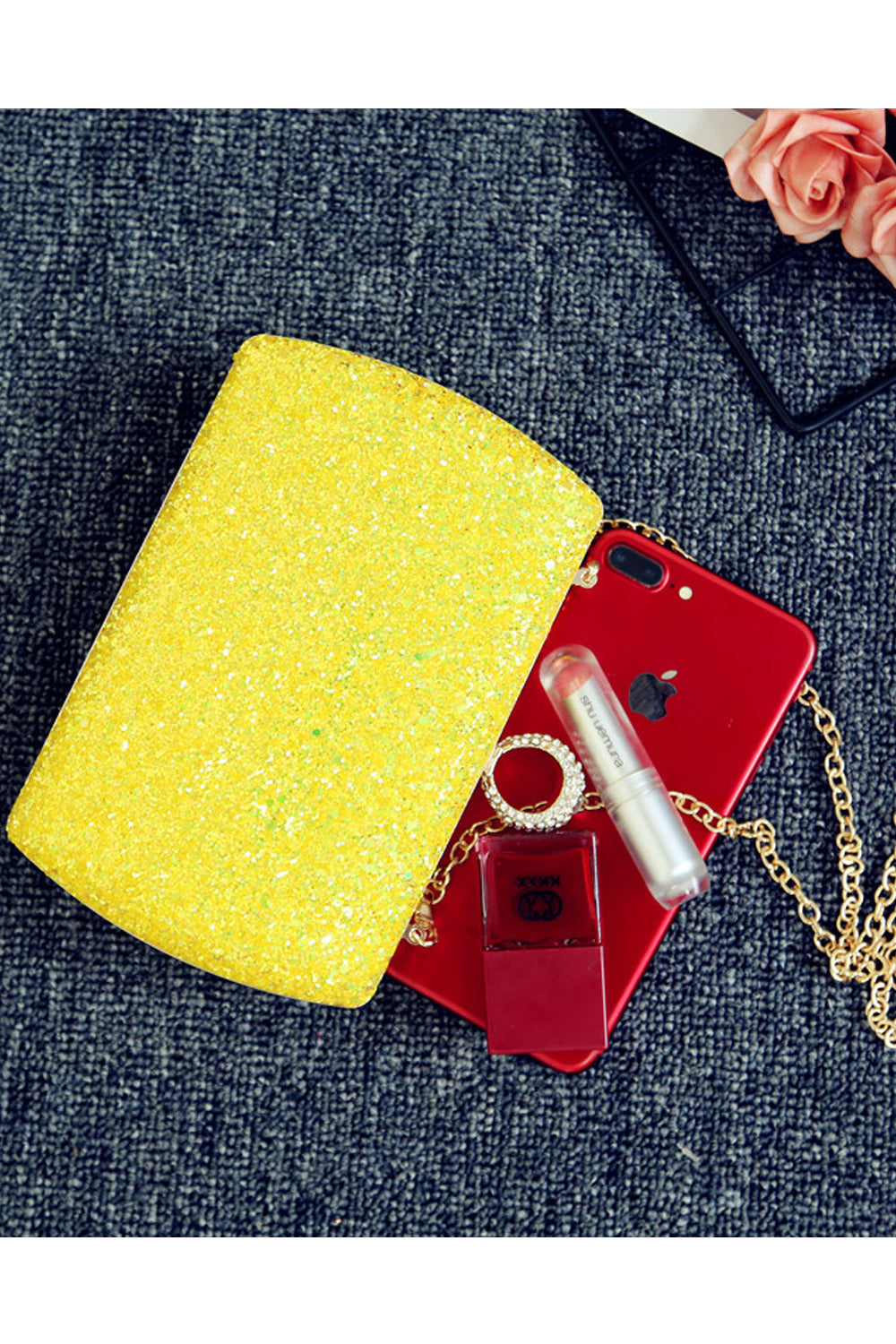 Women Sequin Rhinestones Decorated Hook Closure Long Chain Handbag