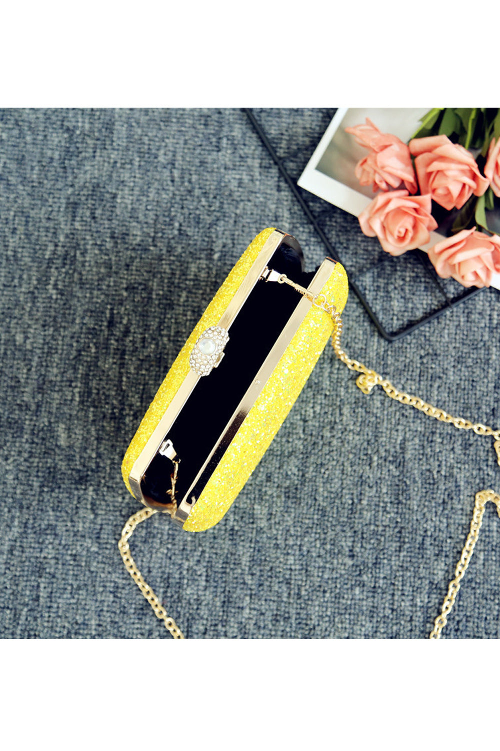 Women Sequin Rhinestones Decorated Hook Closure Long Chain Handbag