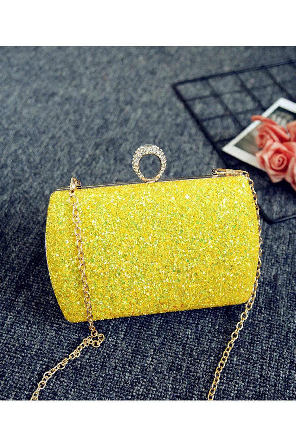 Women Sequin Rhinestones Decorated Hook Closure Long Chain Handbag
