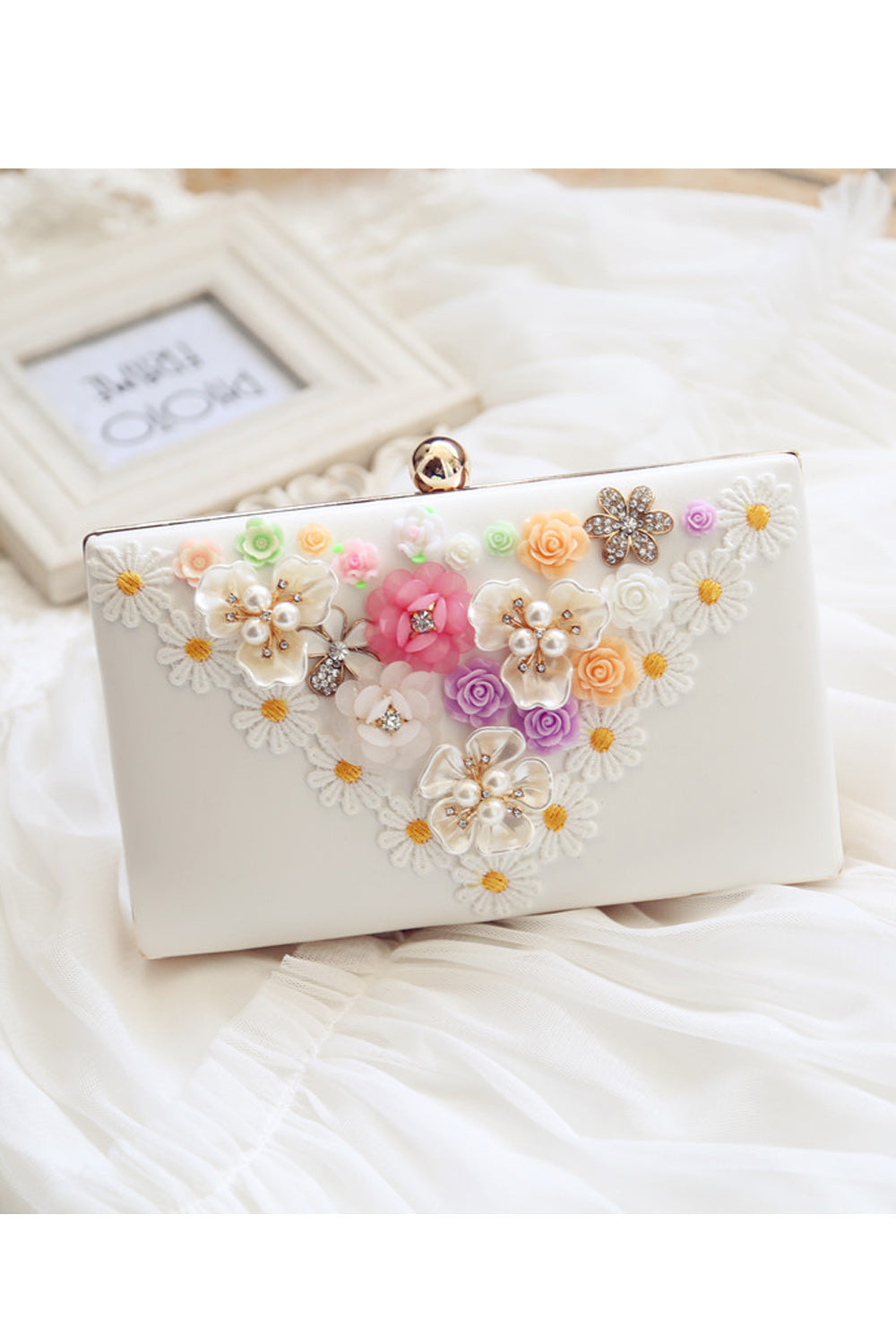 Women Pretty Flower Decorated Long Chain Square Handbag