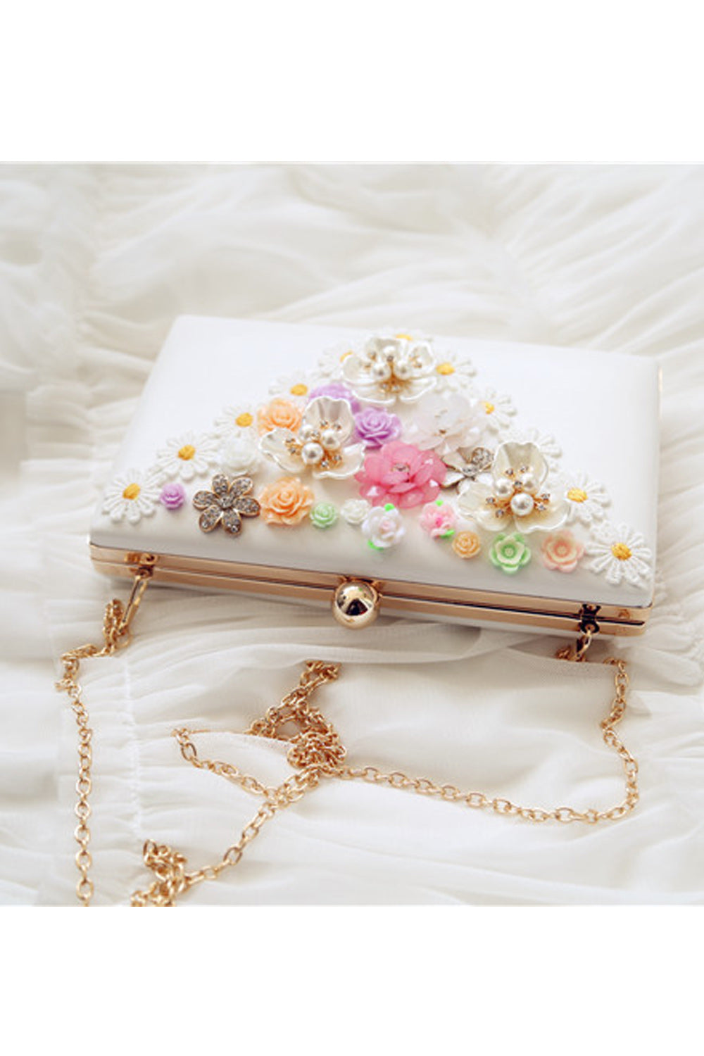 Women Pretty Flower Decorated Long Chain Square Handbag