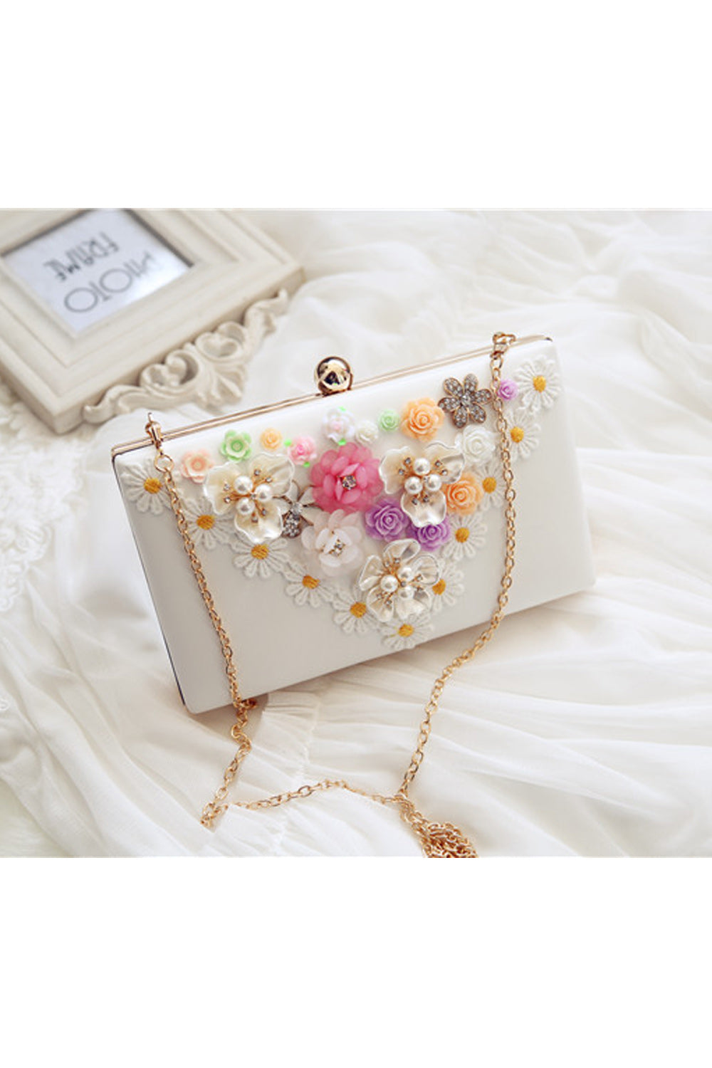 Women Pretty Flower Decorated Long Chain Square Handbag