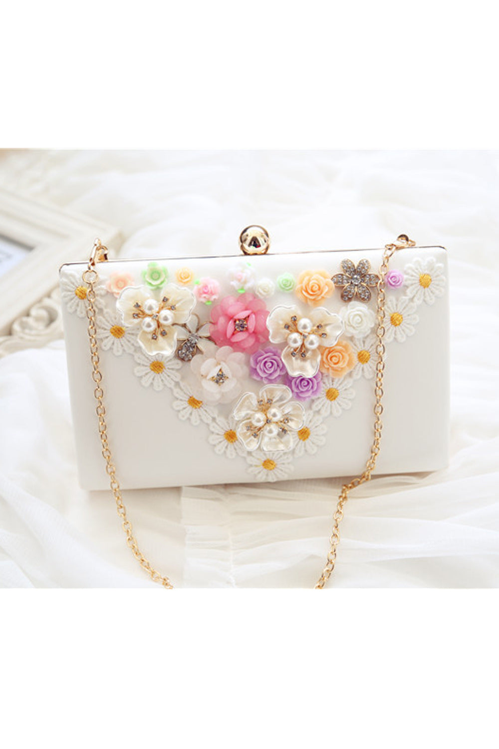 Women Pretty Flower Decorated Long Chain Square Handbag