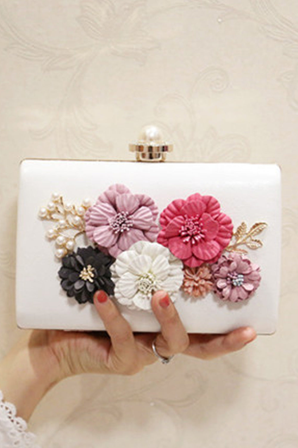 Women Hook Closure Flower Decorated Clutch Handbag