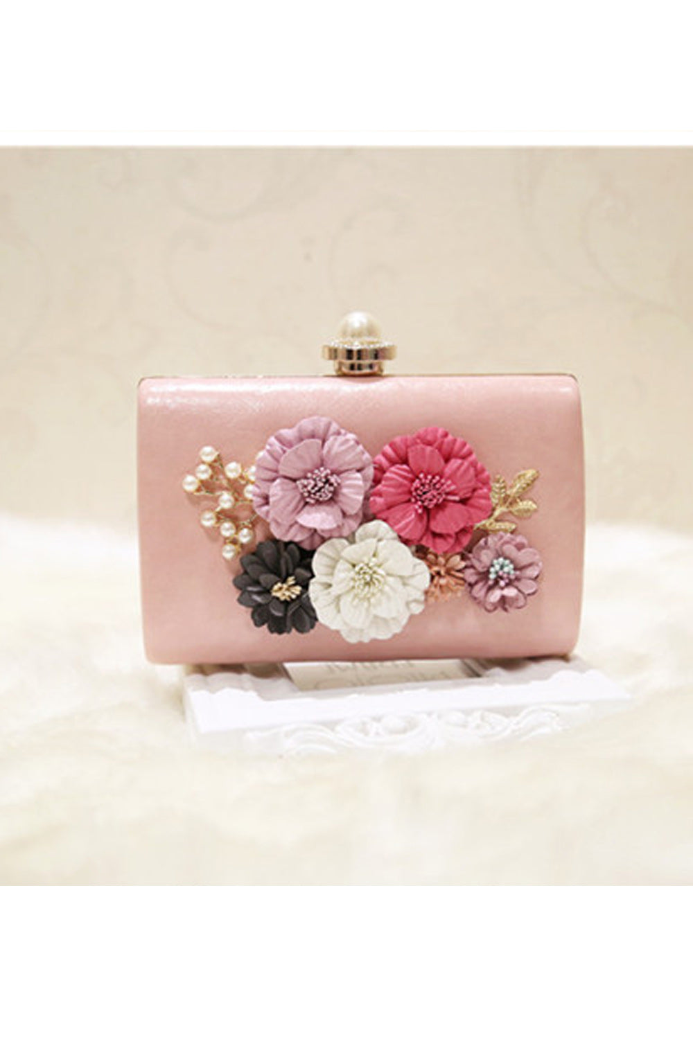 Women Hook Closure Flower Decorated Clutch Handbag