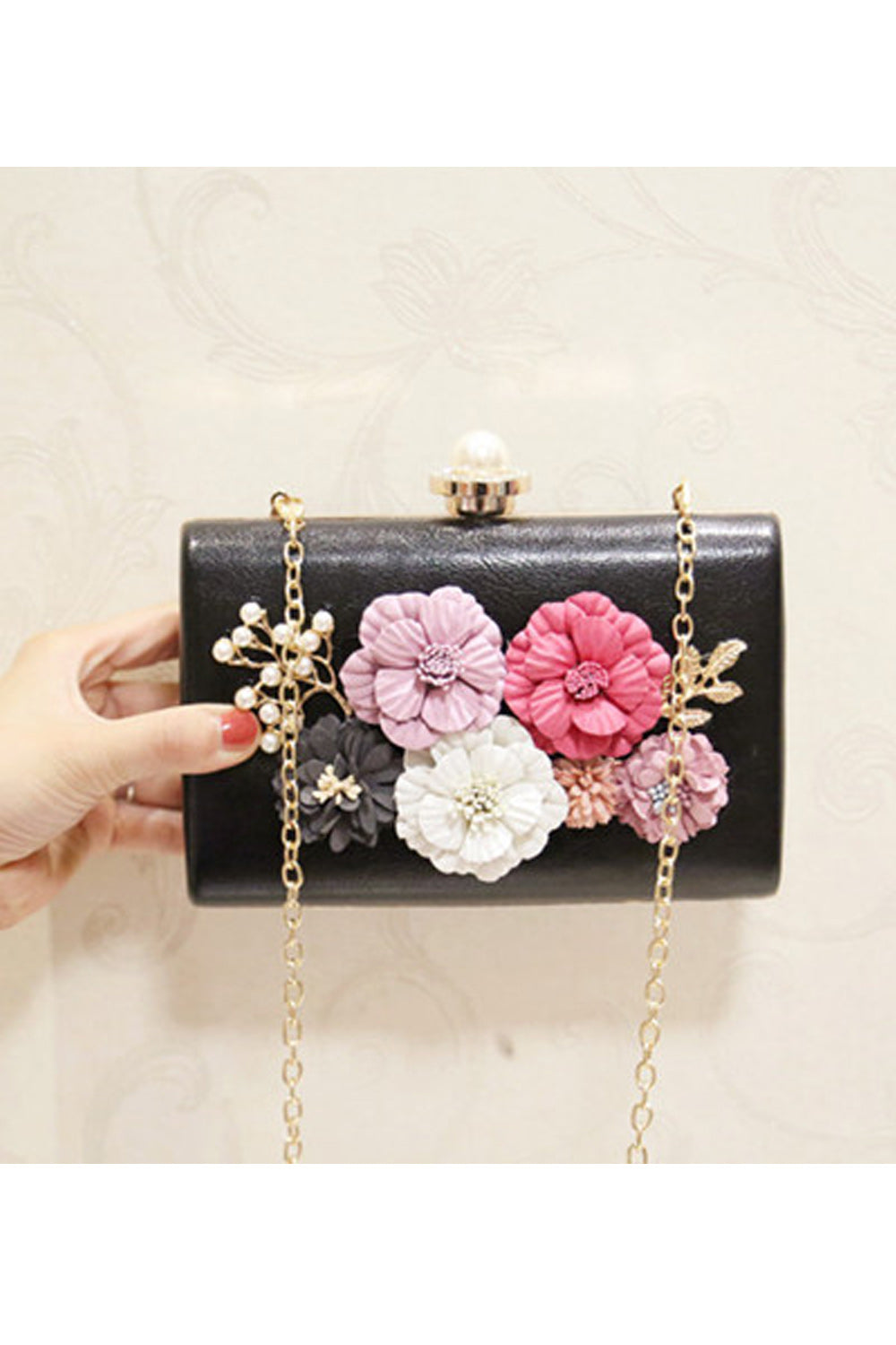 Women Hook Closure Flower Decorated Clutch Handbag