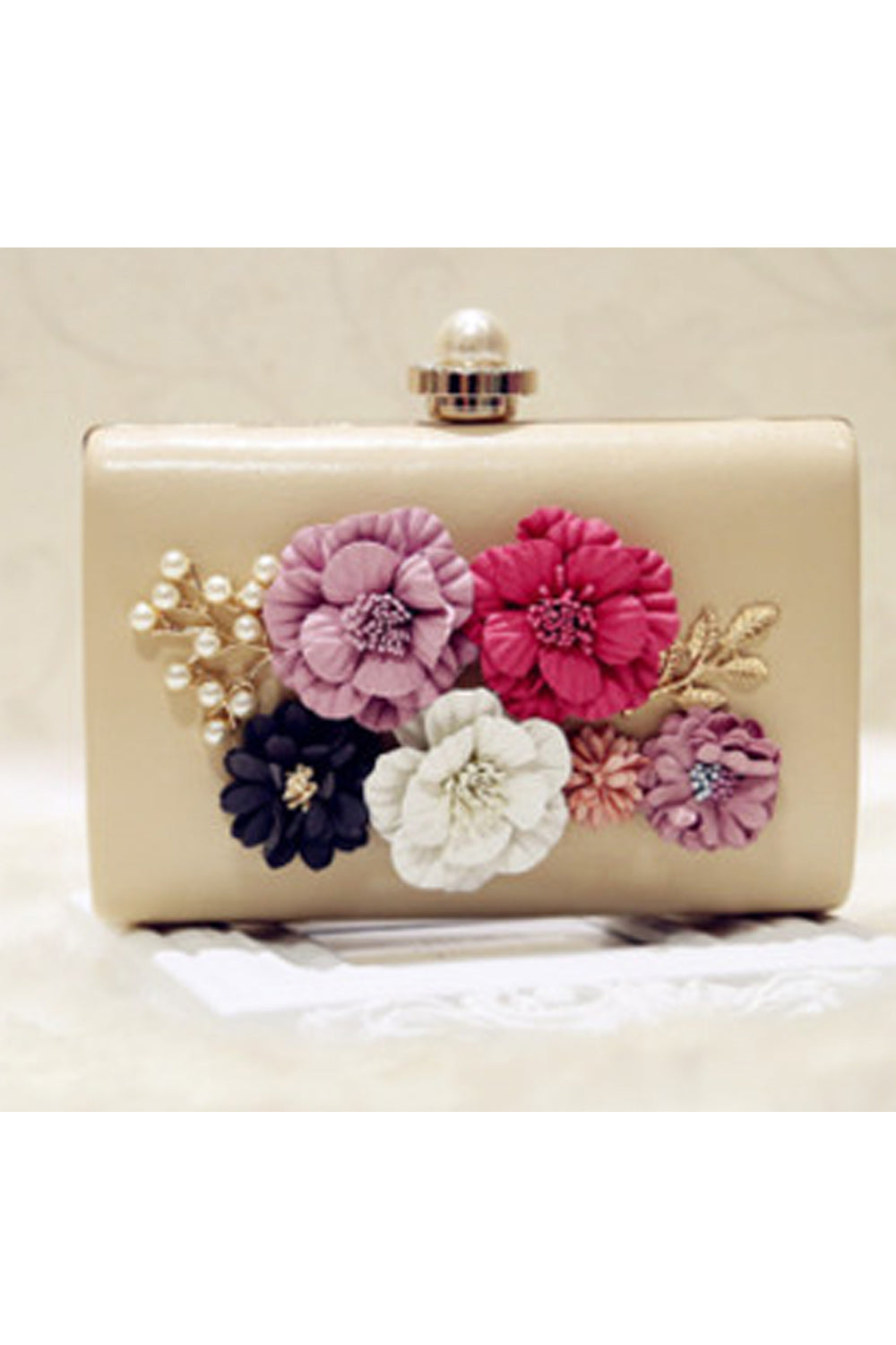Women Hook Closure Flower Decorated Clutch Handbag