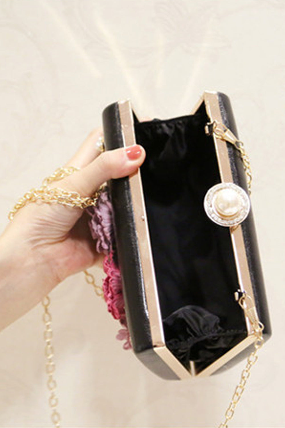 Women Hook Closure Flower Decorated Clutch Handbag