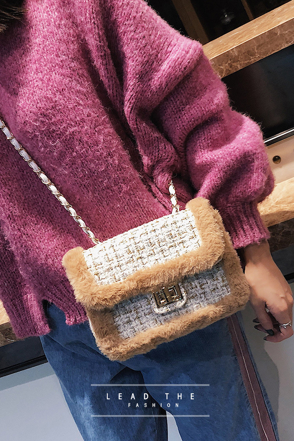 Women Fringed Woolen Long Chain Shoulder Bag