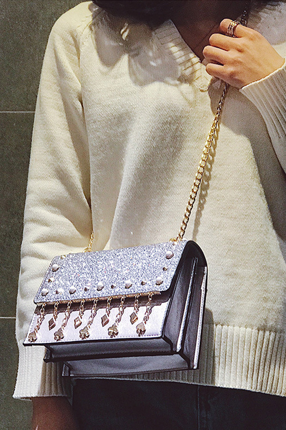 Women Pearl Rhinestones Decorated Fashion Shoulder Bag