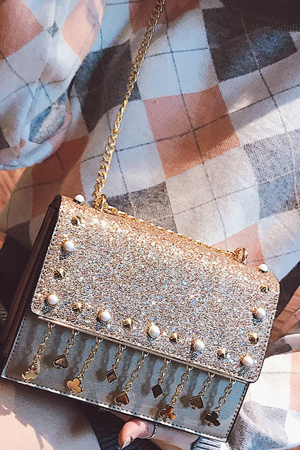 Women Pearl Rhinestones Decorated Fashion Shoulder Bag