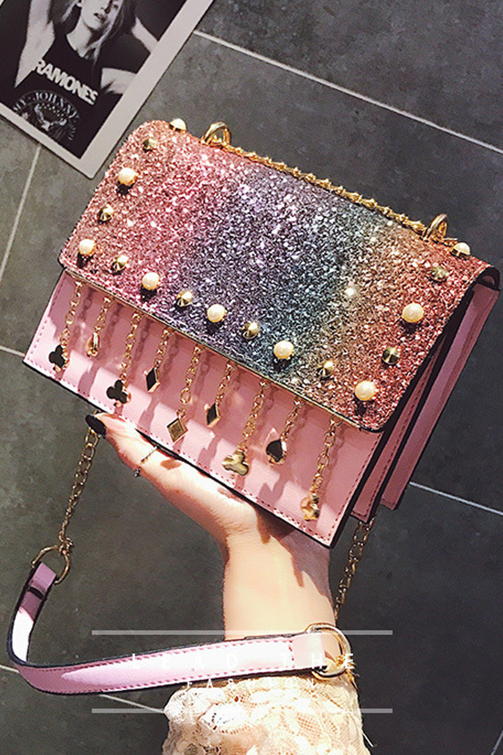 Women Pearl Rhinestones Decorated Fashion Shoulder Bag