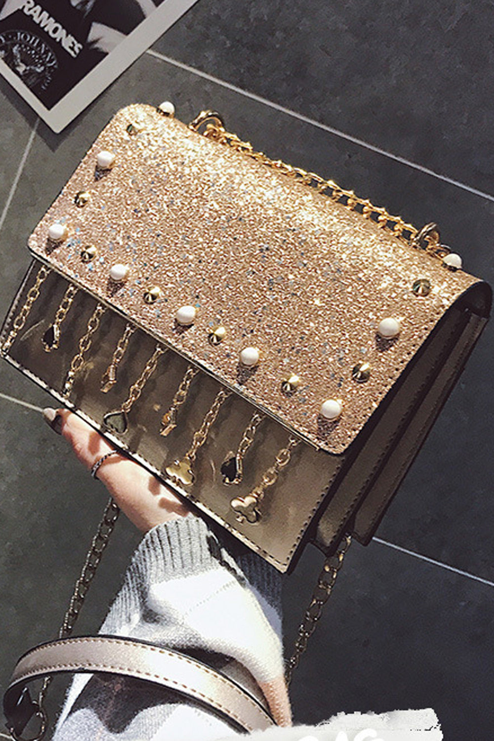Women Pearl Rhinestones Decorated Fashion Shoulder Bag