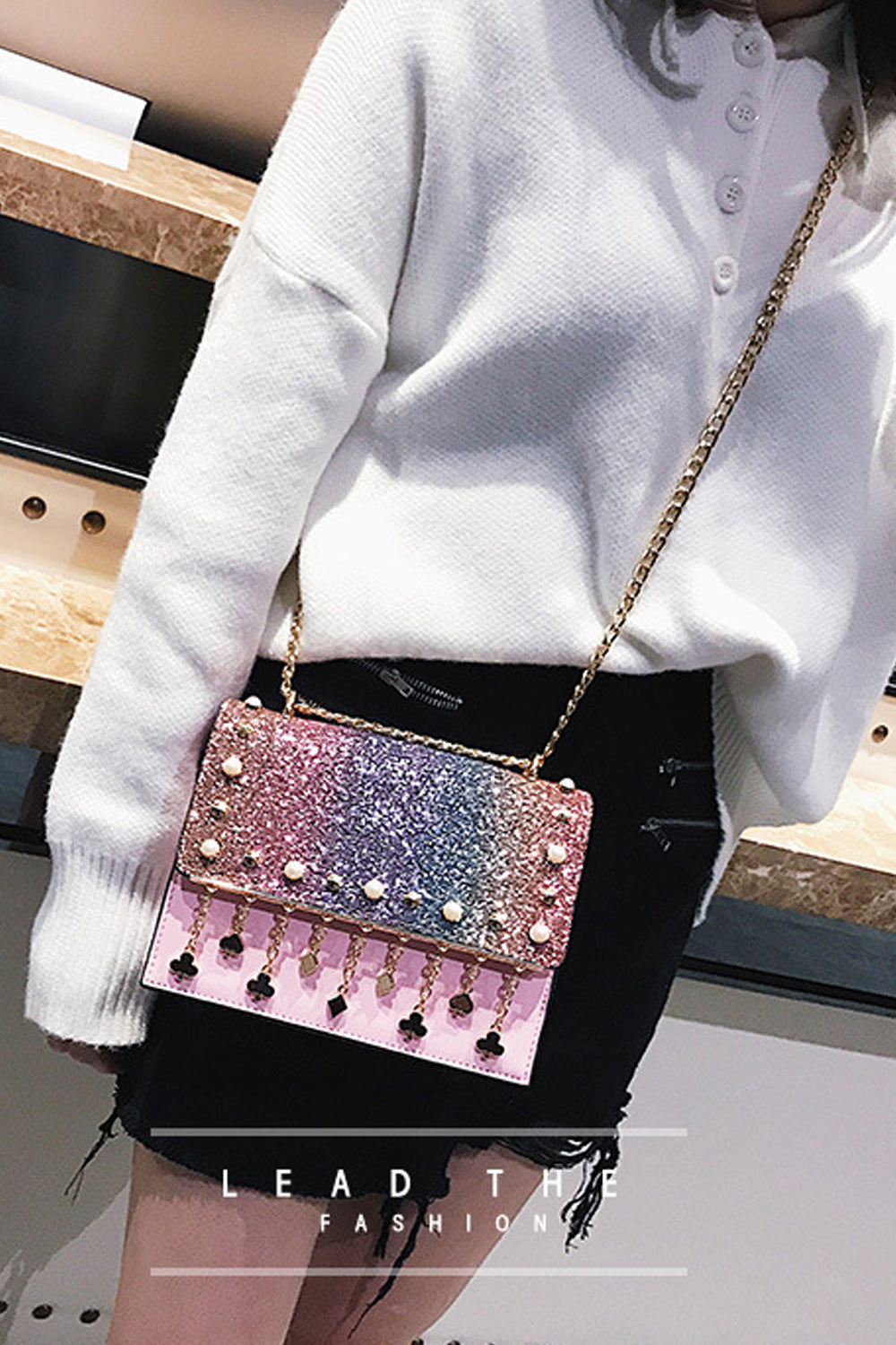 Women Pearl Rhinestones Decorated Fashion Shoulder Bag