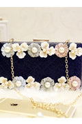 Women Pearl Flower Decorated Hook Closure Strap Shoulder Bag