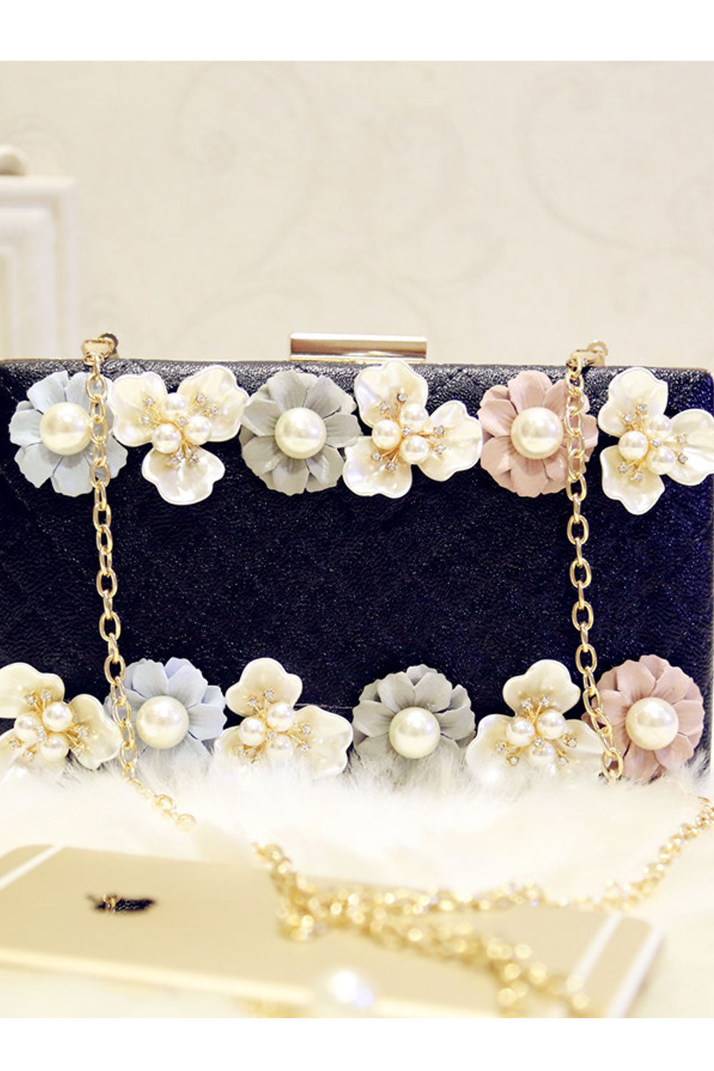Women Pearl Flower Decorated Hook Closure Strap Shoulder Bag