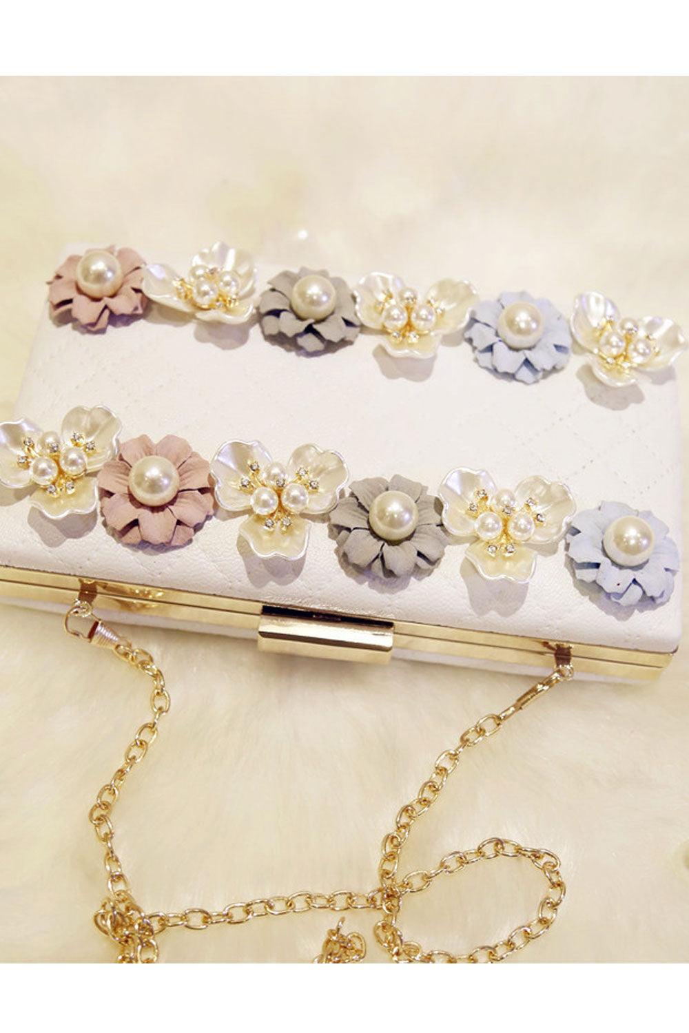 Women Pearl Flower Decorated Hook Closure Strap Shoulder Bag