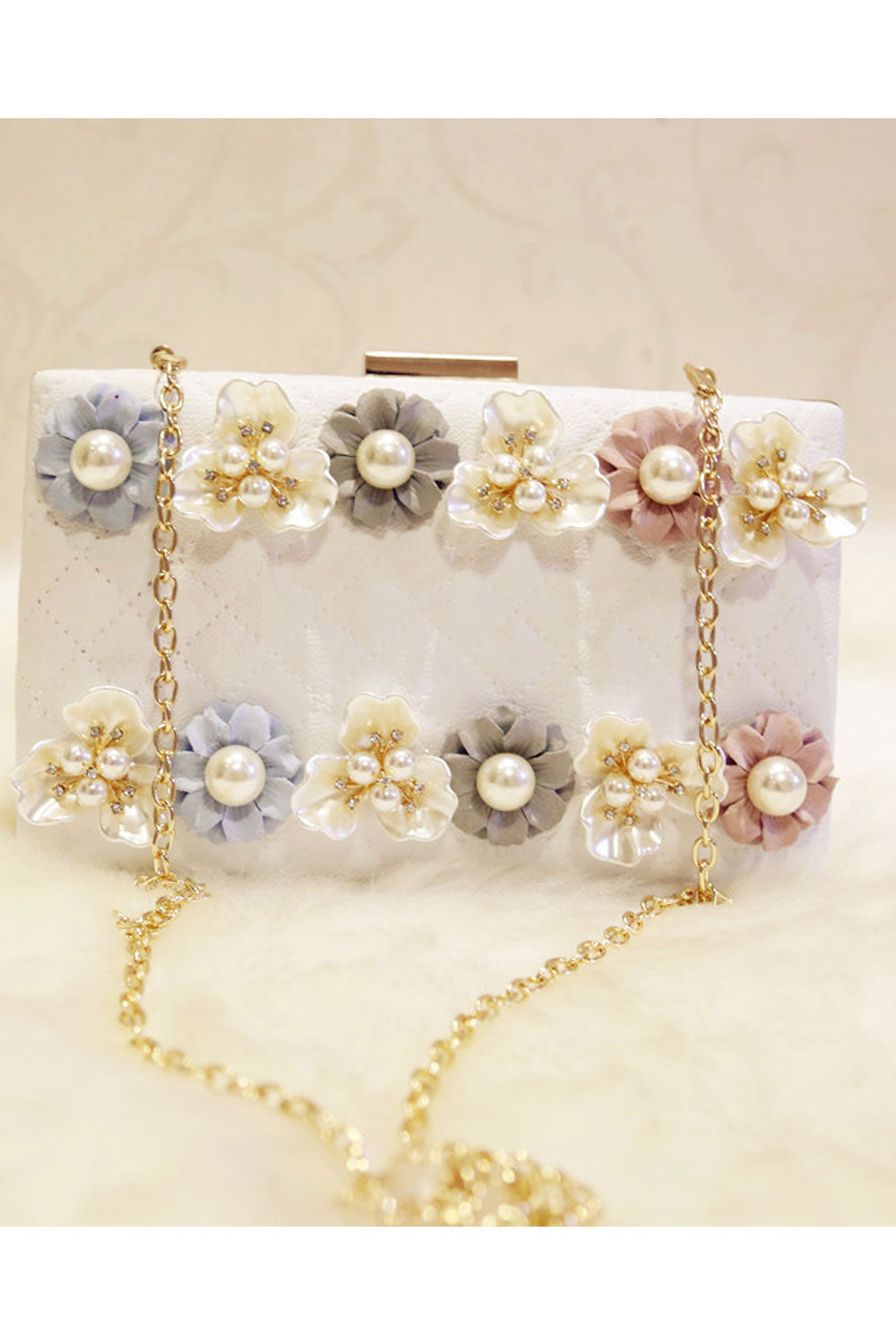 Women Pearl Flower Decorated Hook Closure Strap Shoulder Bag