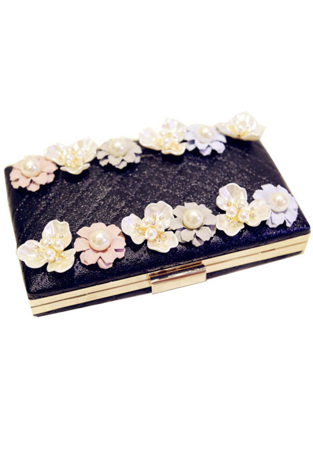 Women Pearl Flower Decorated Hook Closure Strap Shoulder Bag
