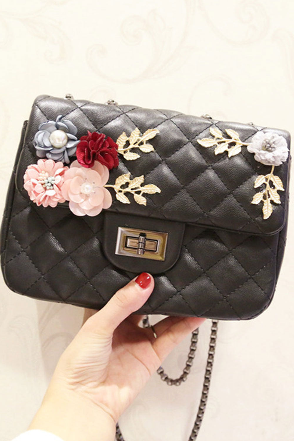 Women Cross Pattern Flower Decorated Party Bag