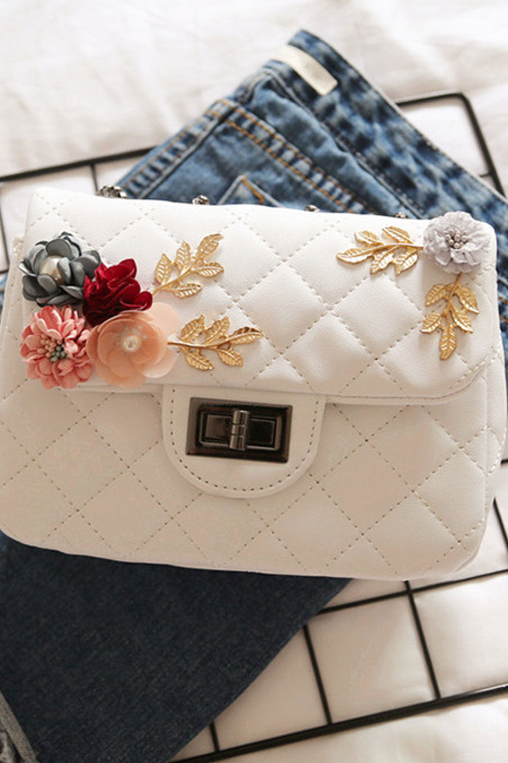 Women Cross Pattern Flower Decorated Party Bag