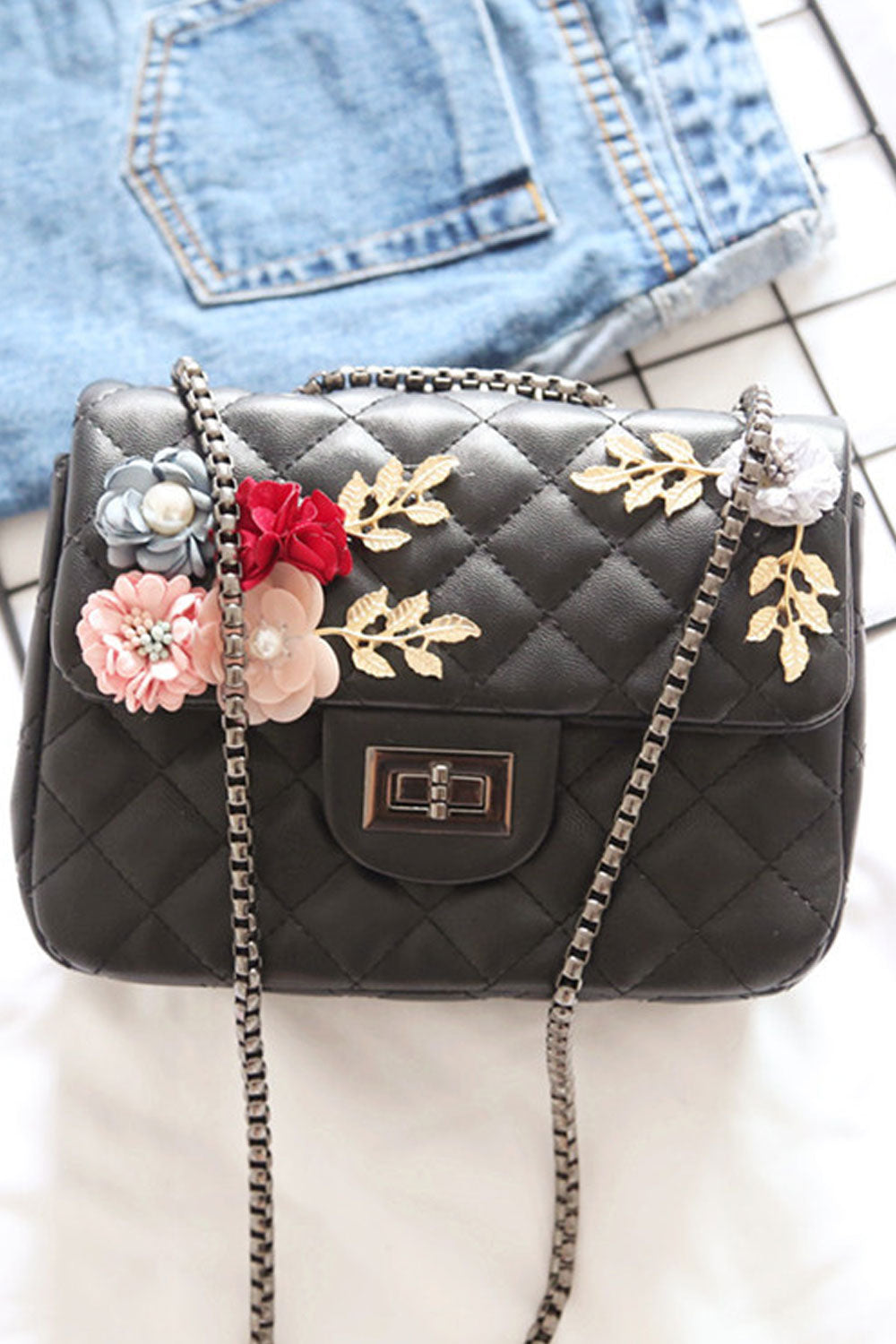 Women Cross Pattern Flower Decorated Party Bag