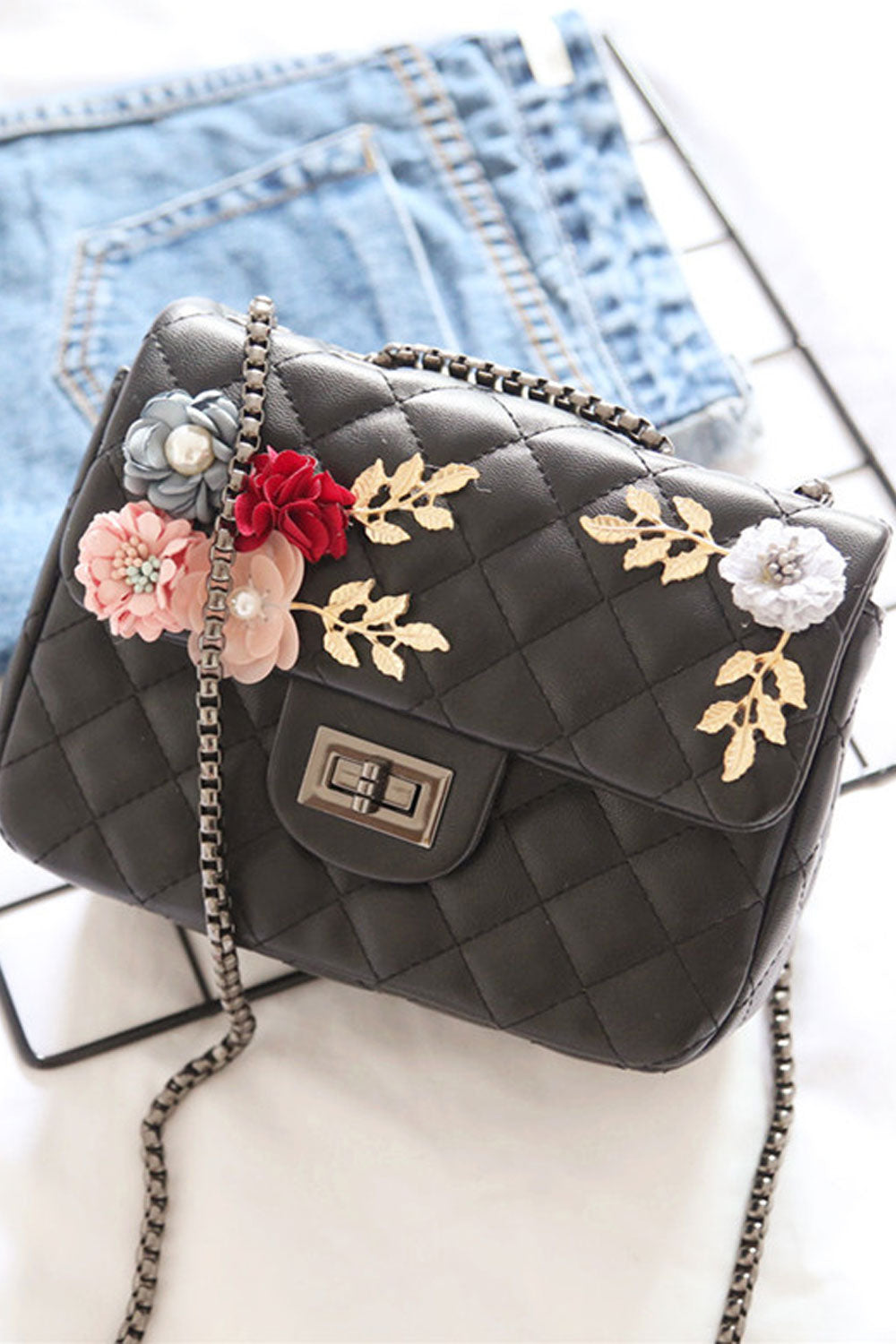 Women Cross Pattern Flower Decorated Party Bag