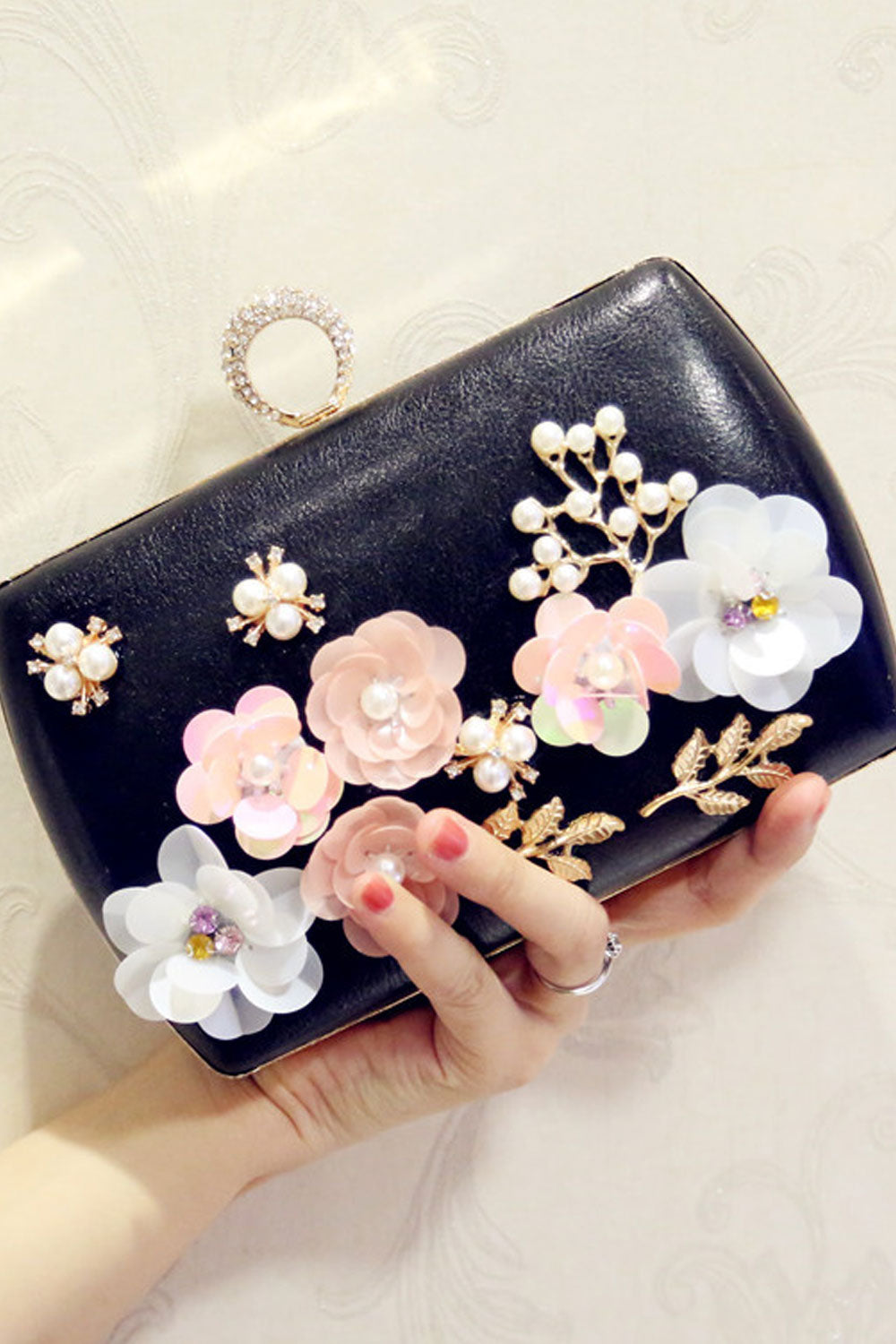 Women Stylish Pearl Flower Decorated Diagonal Bags.
