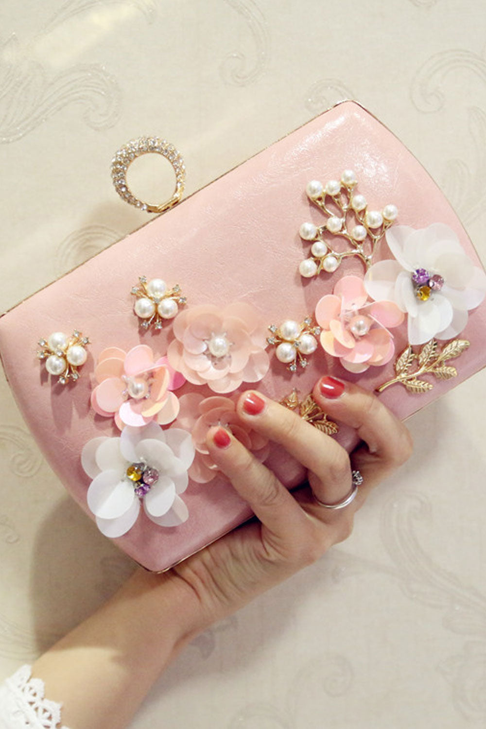 Women Stylish Pearl Flower Decorated Diagonal Bags.