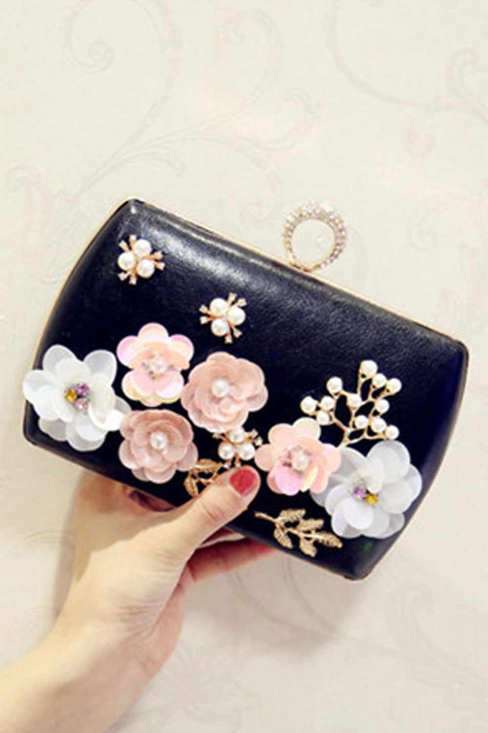 Women Stylish Pearl Flower Decorated Diagonal Bags.