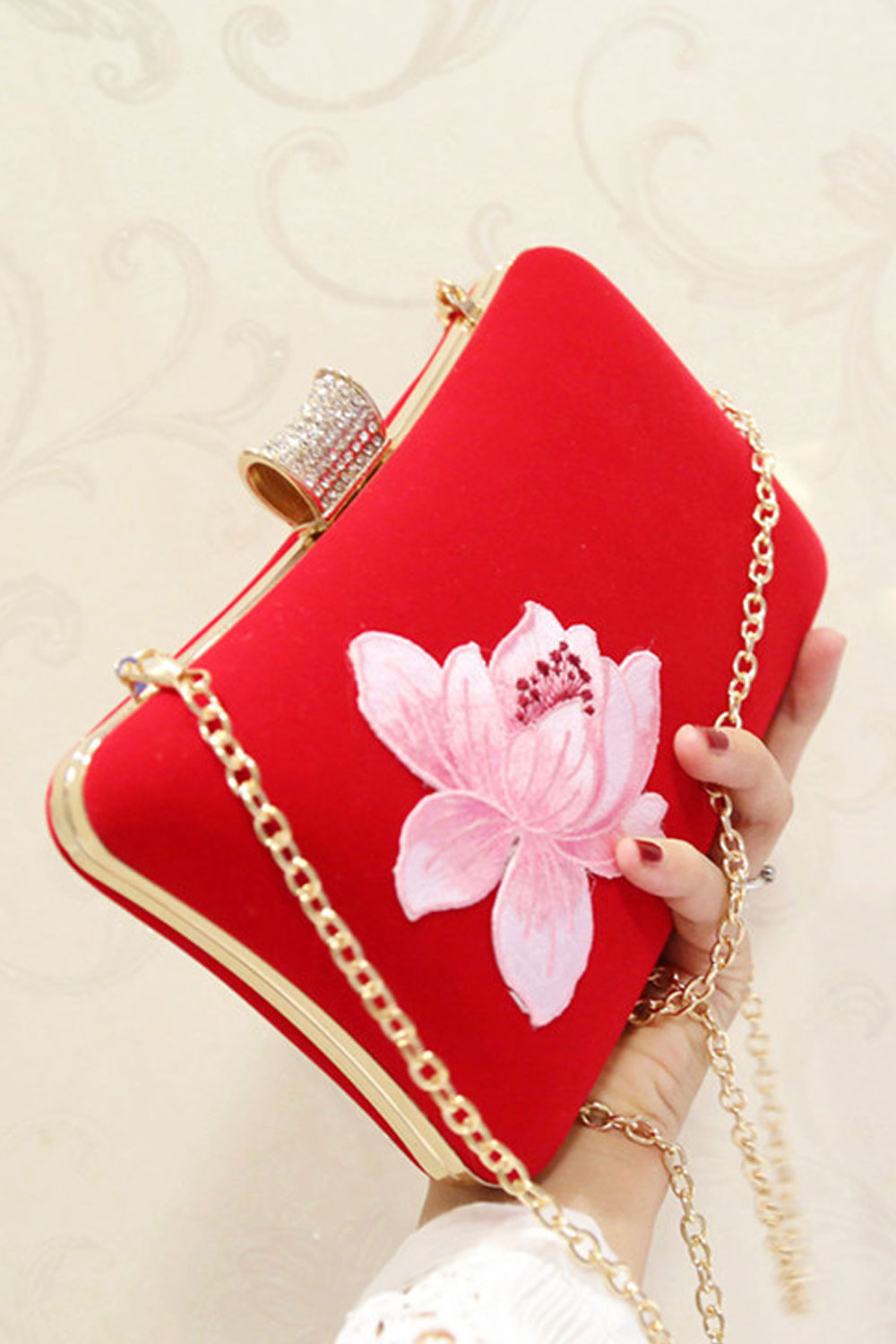 Women Solid Color Rose Embroidered Small Square Clutch Bag