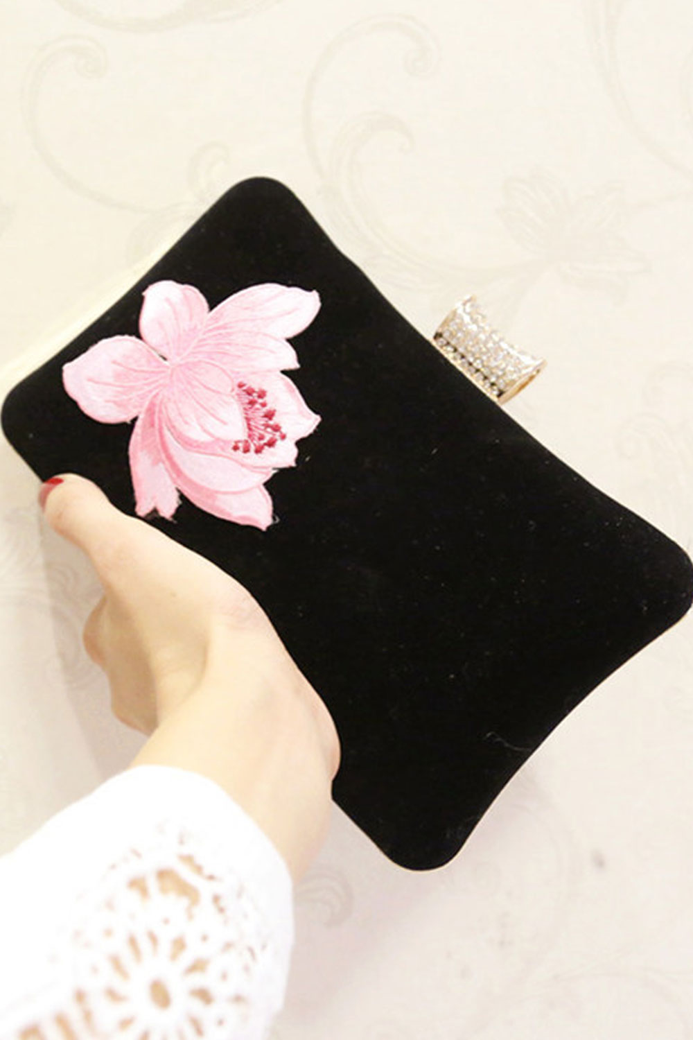 Women Solid Color Rose Embroidered Small Square Clutch Bag