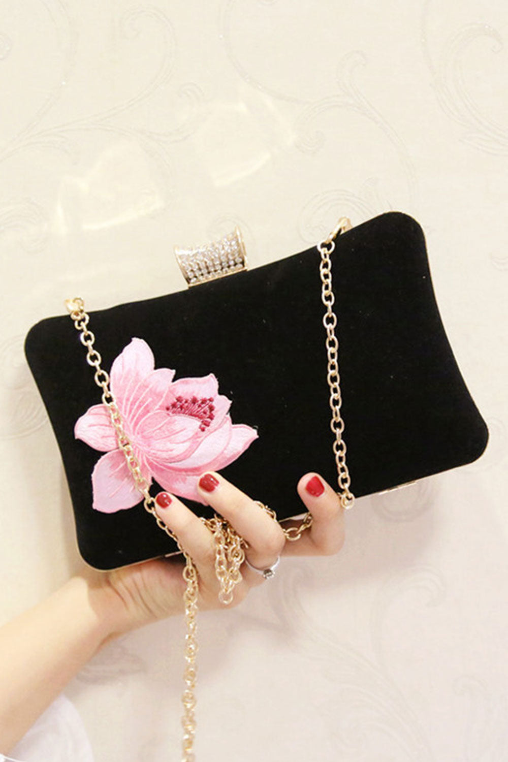 Women Solid Color Rose Embroidered Small Square Clutch Bag