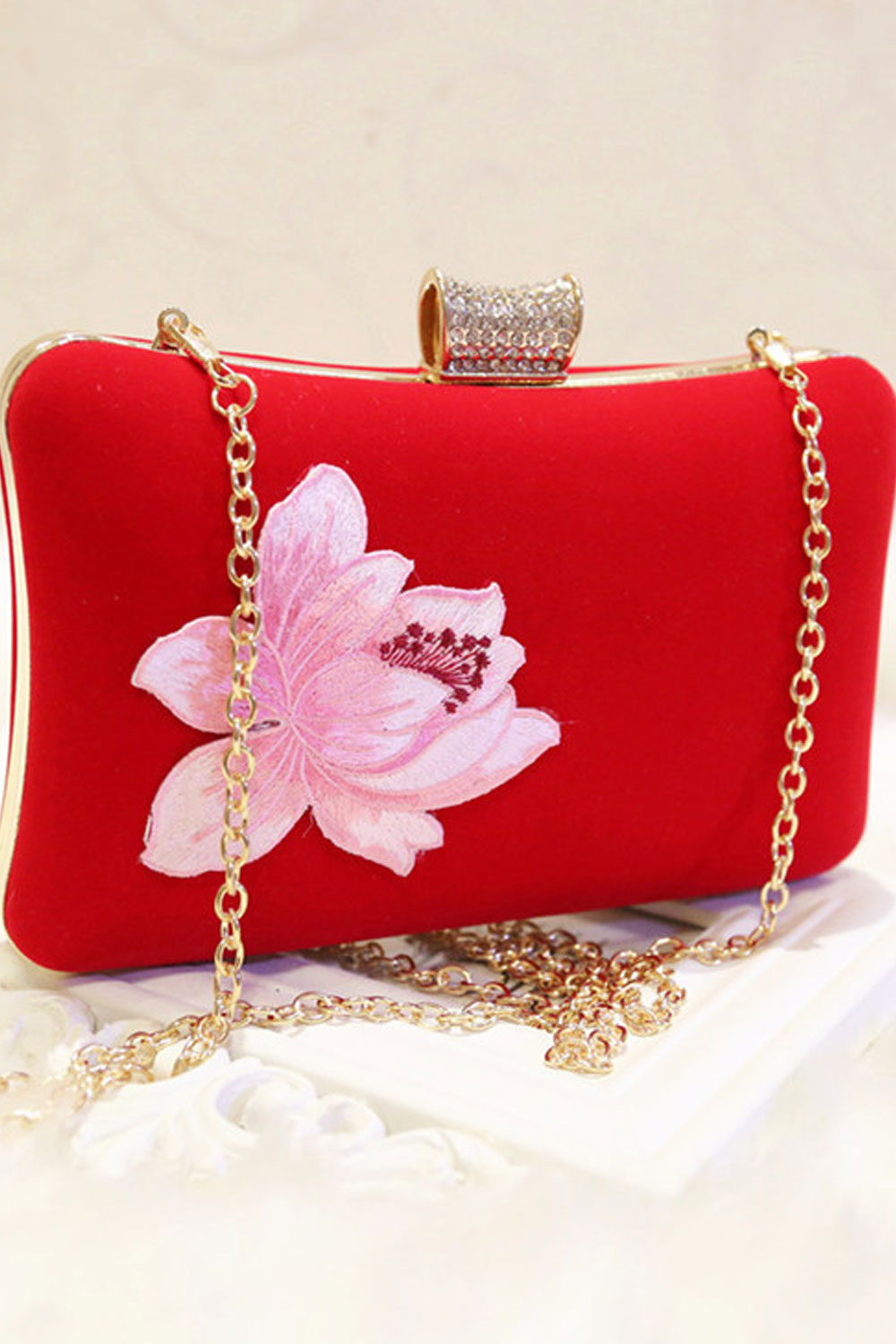 Women Solid Color Rose Embroidered Small Square Clutch Bag