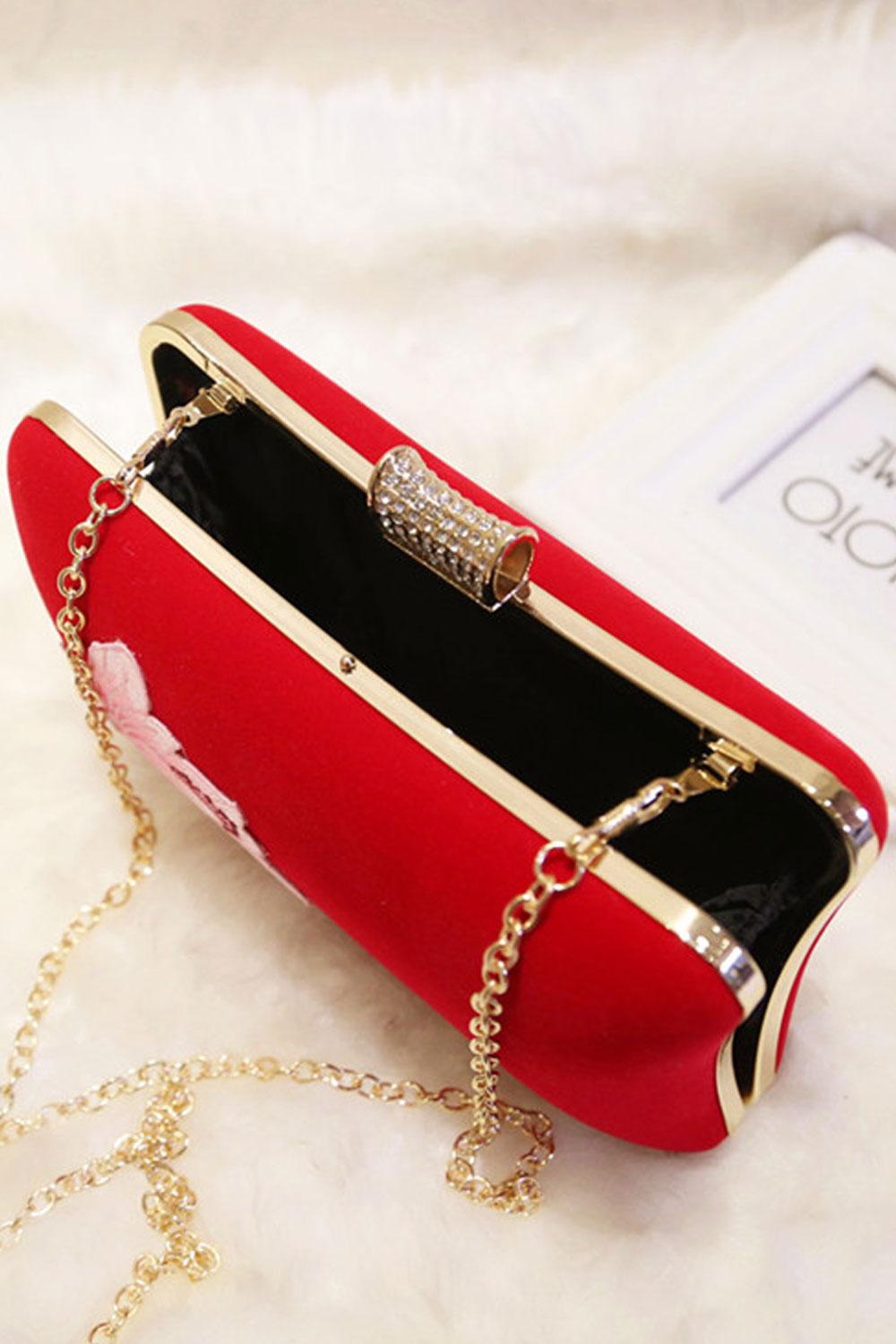 Women Solid Color Rose Embroidered Small Square Clutch Bag