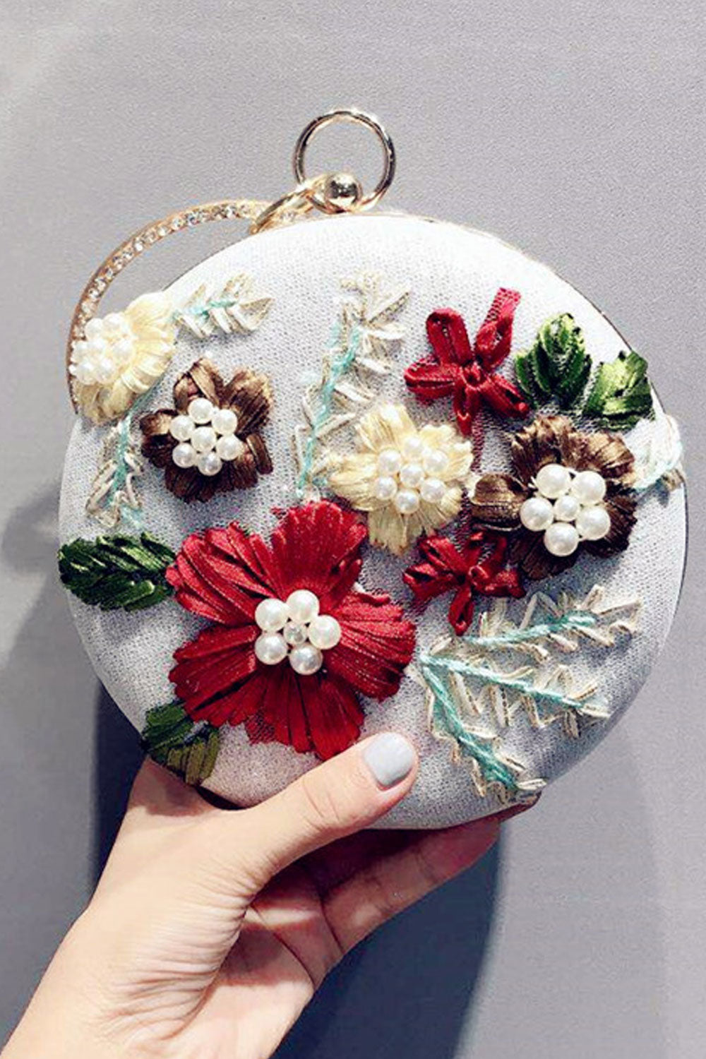 Women Embroidered Pearl Decorated Round Chain Clutch Bag
