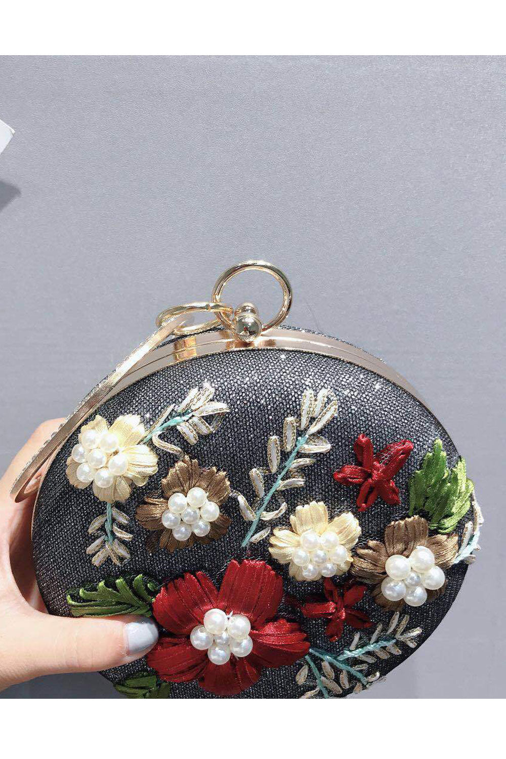 Women Embroidered Pearl Decorated Round Chain Clutch Bag