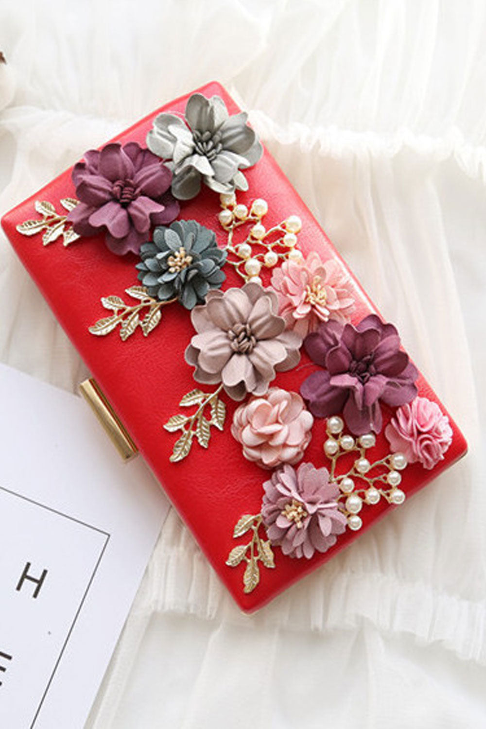 Women Clutch Stylish Pearls Flower Decorated Party Bag