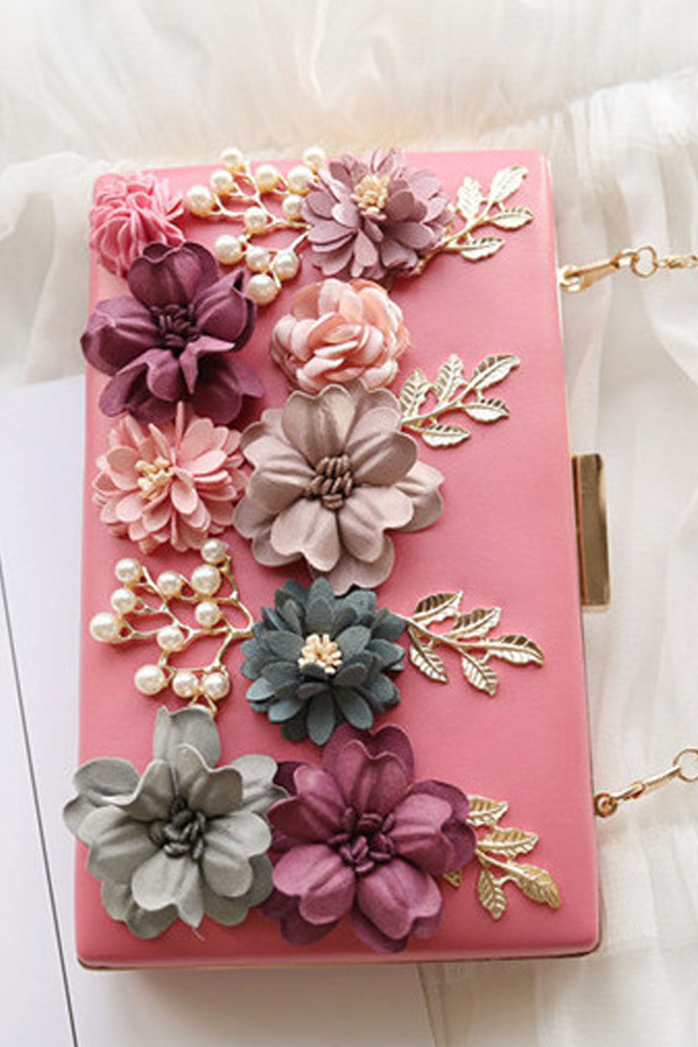 Women Clutch Stylish Pearls Flower Decorated Party Bag