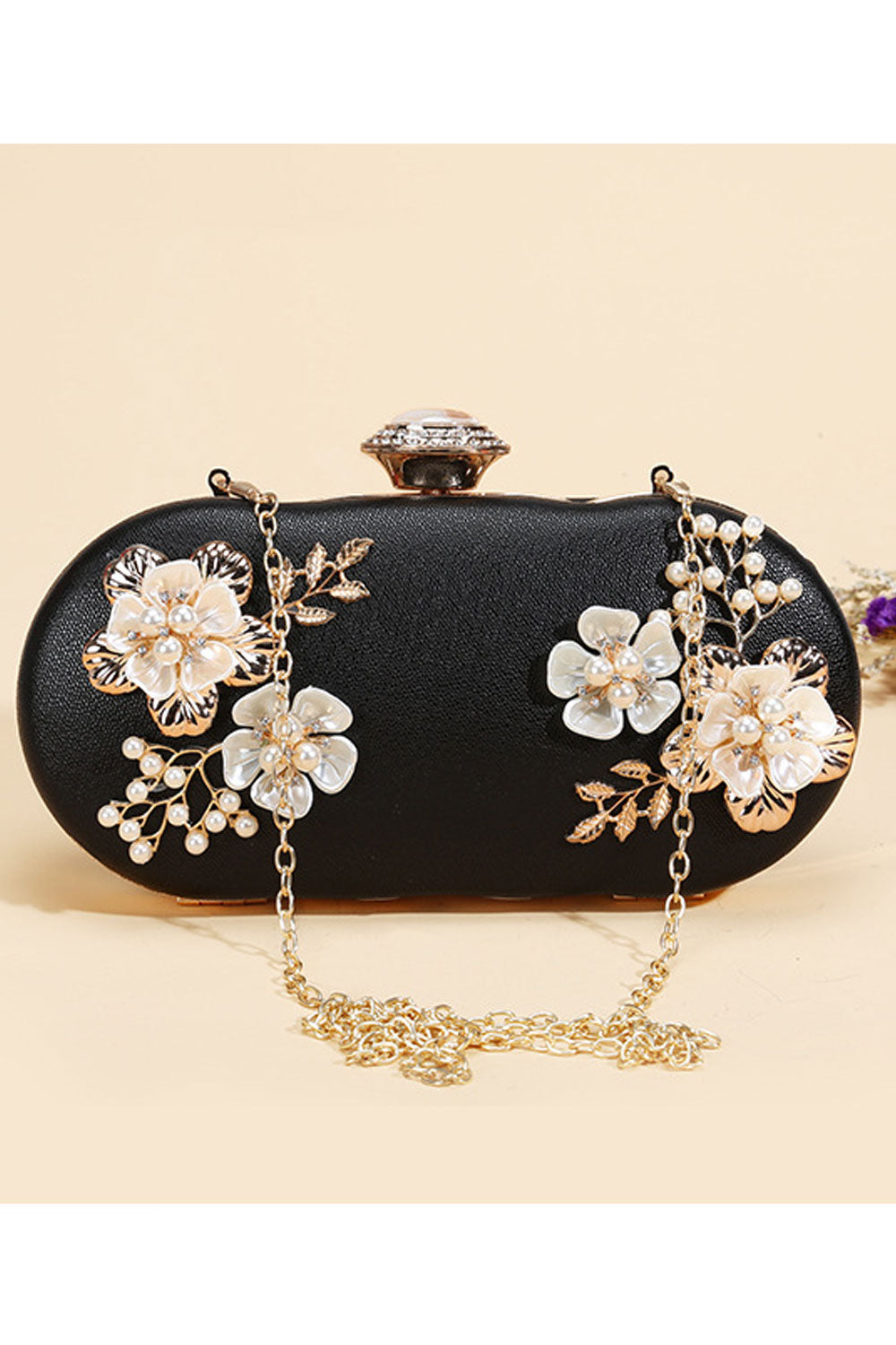 Women Fashion Pearls Flowers Decorated Daigonal Clutch Bag