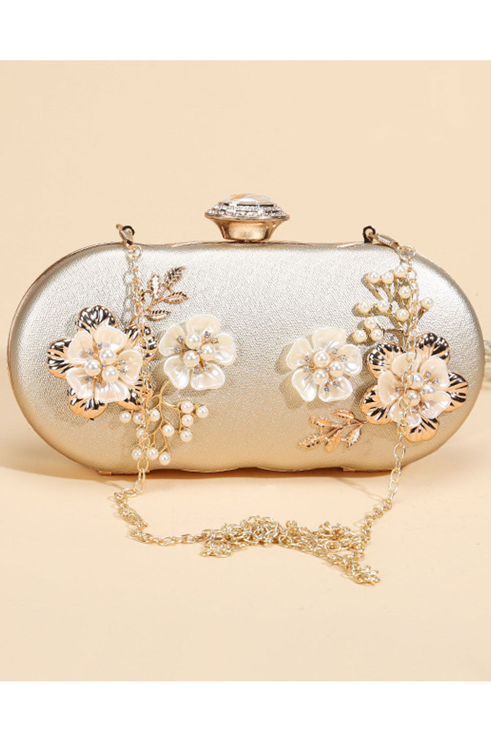 Women Fashion Pearls Flowers Decorated Daigonal Clutch Bag