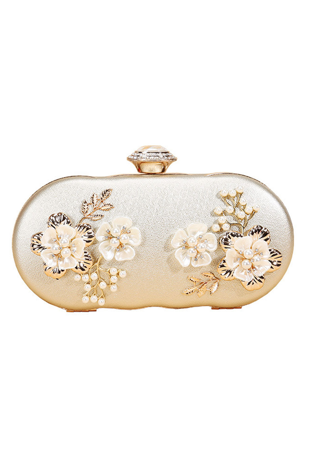 Women Fashion Pearls Flowers Decorated Daigonal Clutch Bag