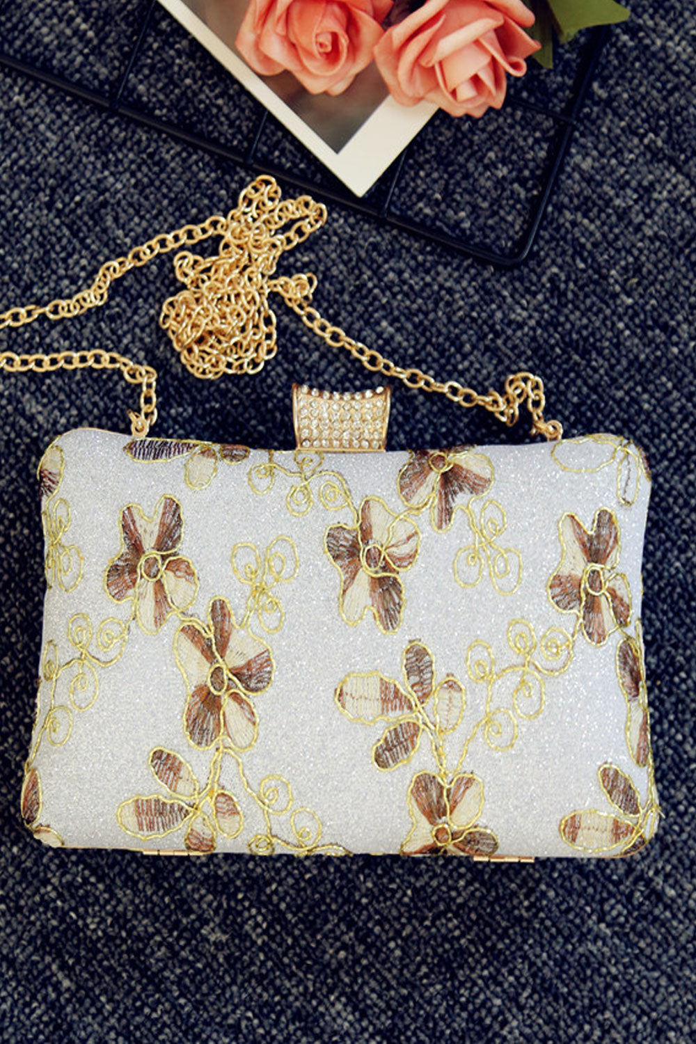 Women Embroidered Flower Shoulder Evening Clutch Bag