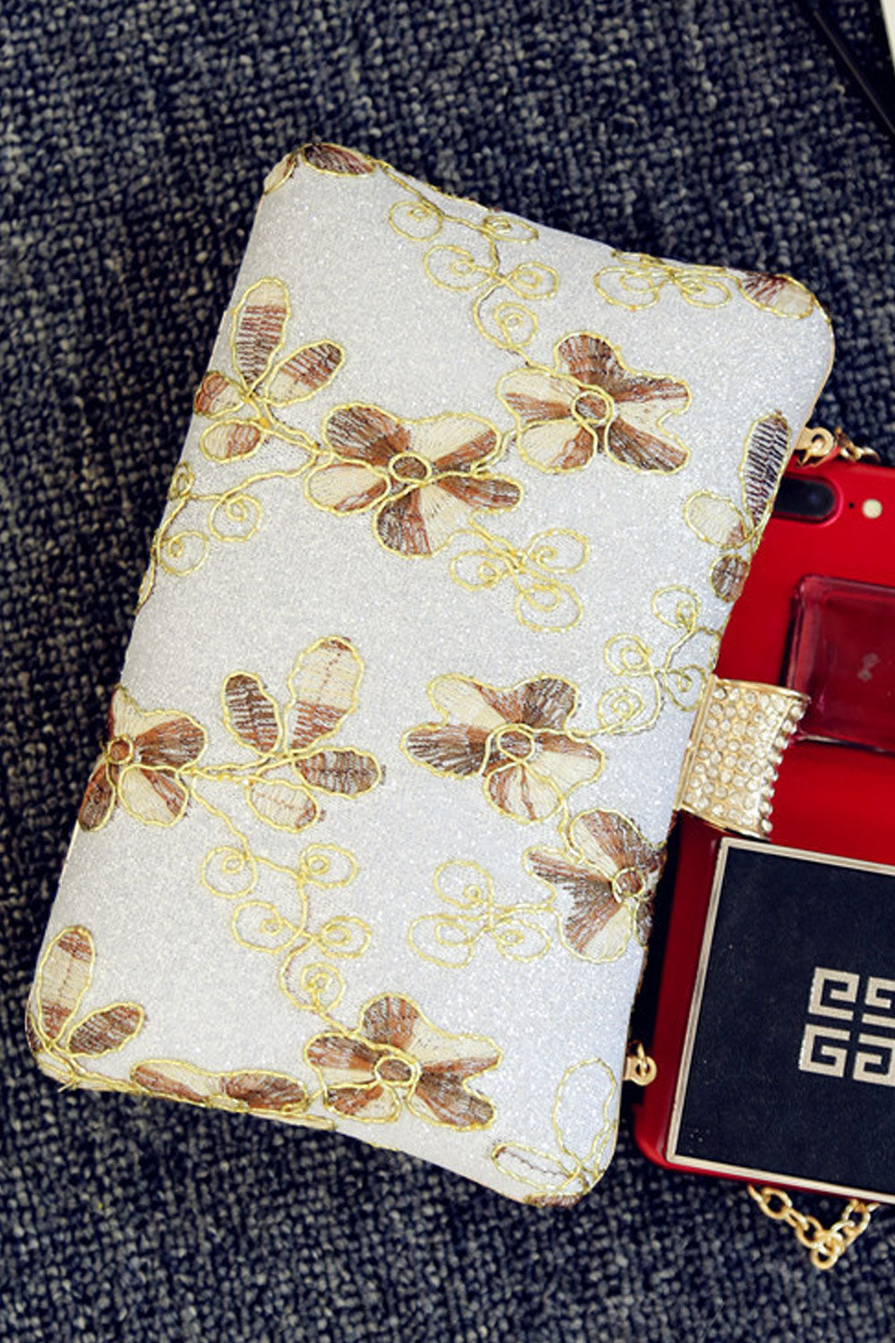 Women Embroidered Flower Shoulder Evening Clutch Bag