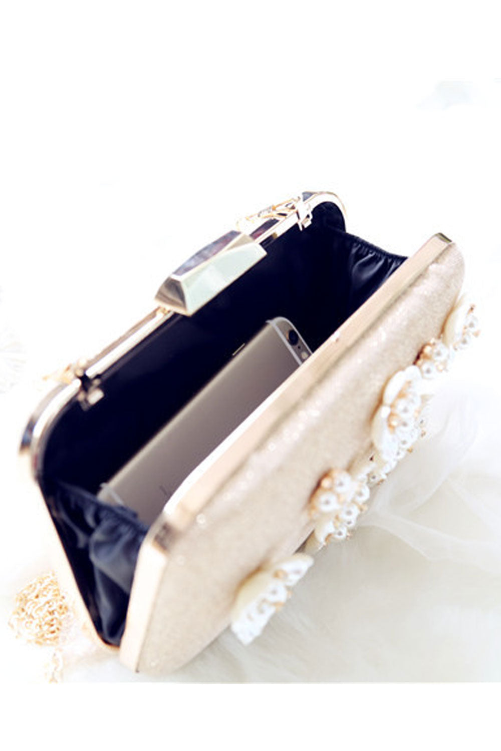 Women Flower Pearl Decorated Shiny Party Handbag