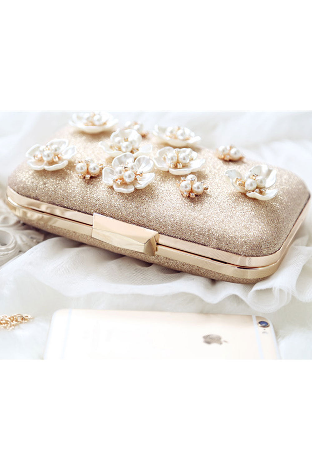 Women Flower Pearl Decorated Shiny Party Handbag