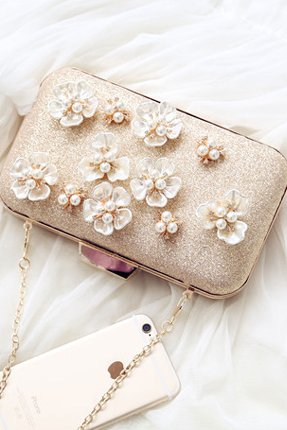 Women Flower Pearl Decorated Shiny Party Handbag