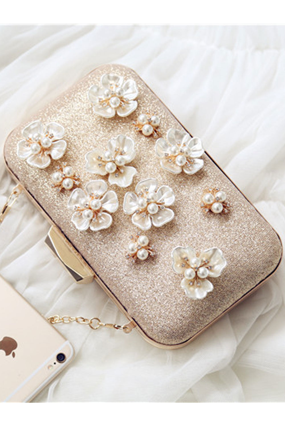 Women Flower Pearl Decorated Shiny Party Handbag