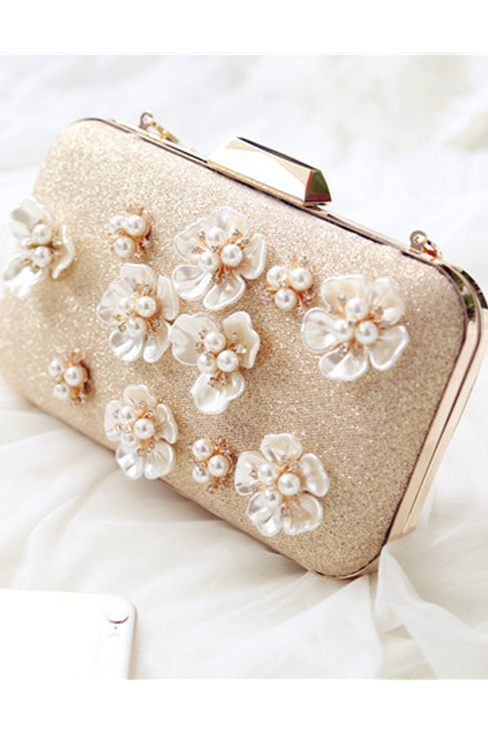 Women Flower Pearl Decorated Shiny Party Handbag