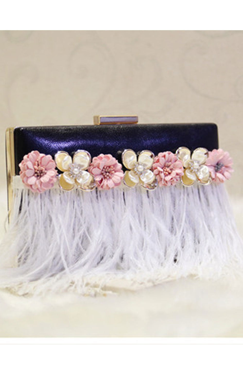Women Flower Tassel Pearl Decorated Long Chain Clutch Bag